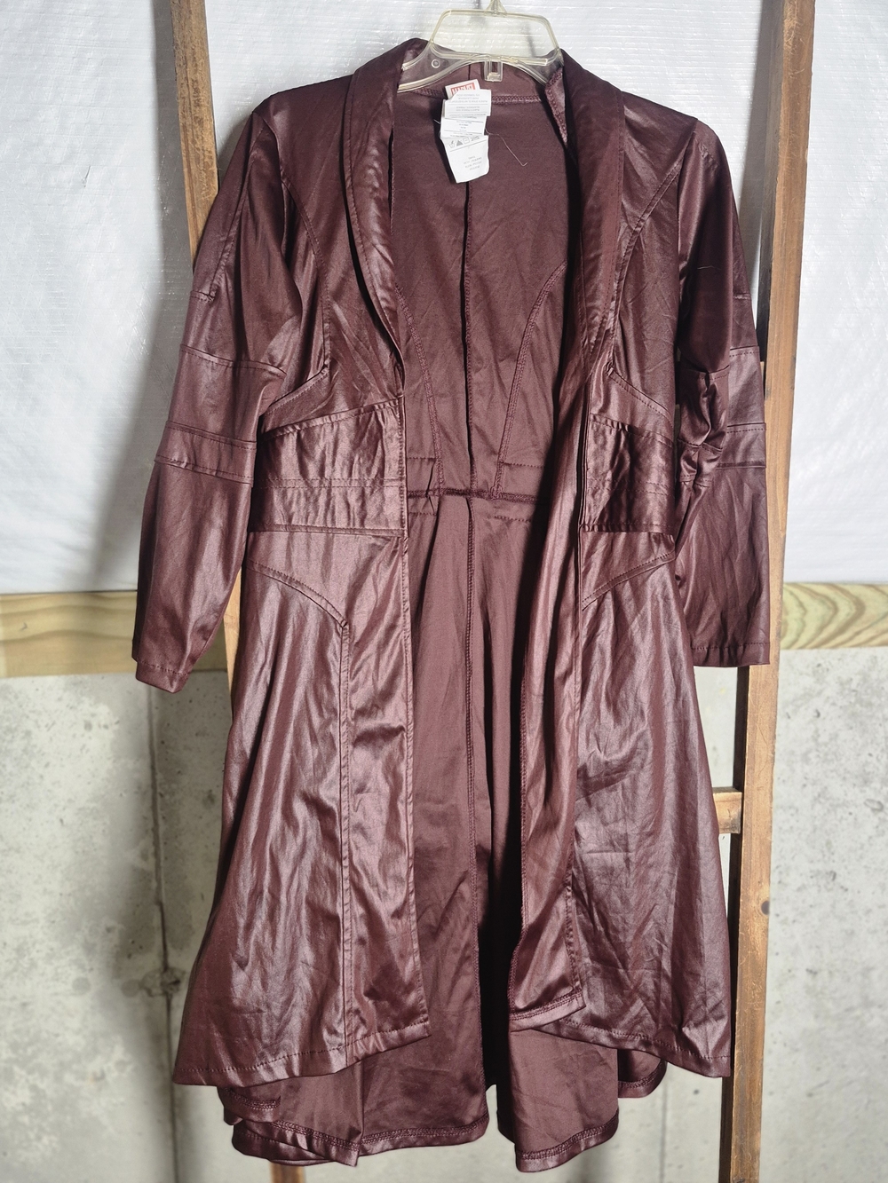 Avenger Scarlette Long Open-Front Faux Leather Trench Coatigan - Burgundy small